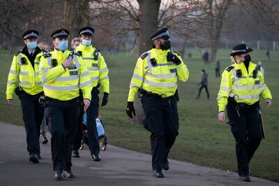 Police officers patrol Brockwell Park in London, during the third lockdown in January 2021. Getty Images