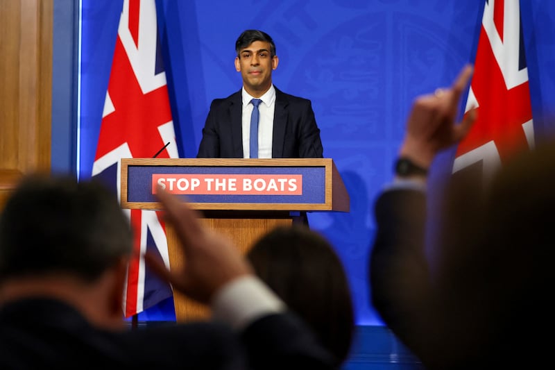 British Prime Minister Rishi Sunak speaks during a press conference at Downing Street in London, where he pledged that the country’s first deportation flights to Rwanda could leave in 10 to 12 weeks. AP