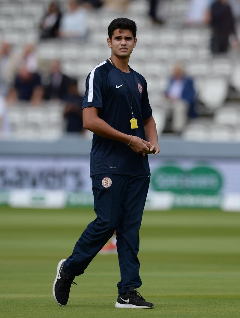 LONDON, ENGLAND - AUGUST 10 : Arjun Tendulkar walks on the field before the second day of the 2nd Specsavers Test Match between England and India at Lord's Cricket Ground on August 10, 2018 in London England. (Photo by Philip Brown/Getty Images)