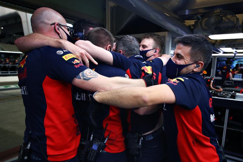 The Red Bull Racing team celebrate the pole position of Max Verstappen. Getty Images