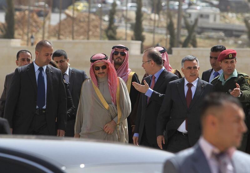Saudi Prince Al Waleed Bin Talal arrives at the Muqataa Compound during a visit to the West Bank city of Ramallah on March 4, 2014. The billionaire is in the Israeli-occupied West Bank for a meeting with Palestinian president Mahmud Abbas. Abbas Momani / AFP photo