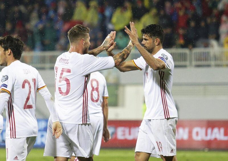 Diego Costa, right, scored the first goal for Spain in a comfortable 2-0 win against Albania. Florion Goga / EPA