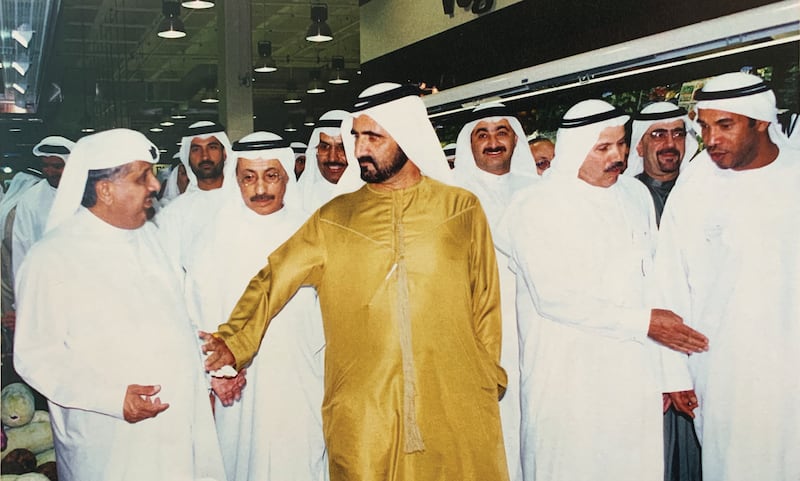 Sheikh Mohammed bin Rashid, then Minister of Defence and Crown Prince of Dubai, visits Spinneys at Mercato Mall on October 27, 2002. Photo: Spinneys