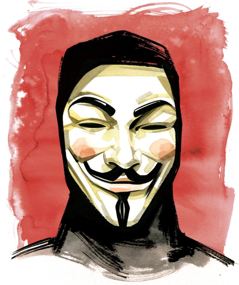 The Guy Fawkes masks used by members of Anonymous. Illustration by Kagan Mcleod