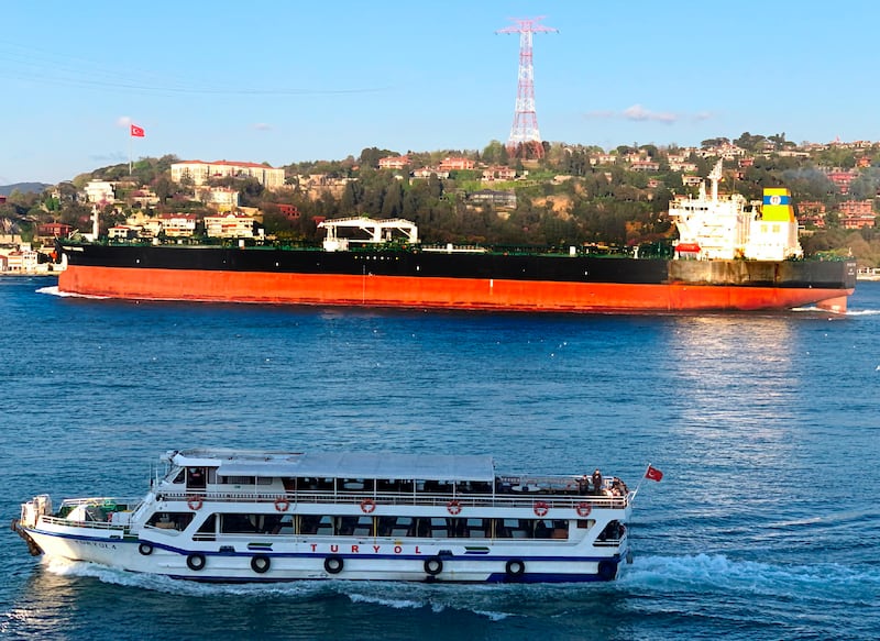 The Greek-flagged oil tanker Prudent Warrior, in the background, sailing past Istanbul in April 2019.  AP