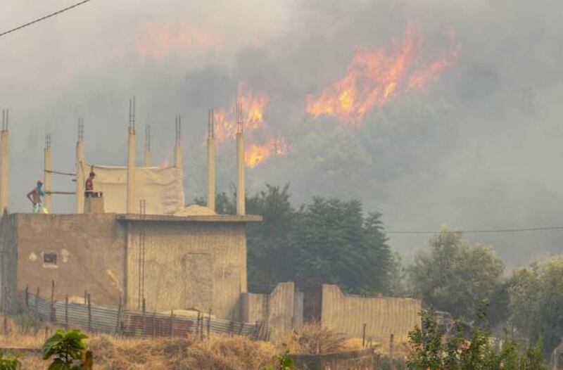 A view of burning trees as extinguishing works continue for the wildfire in Firnanah in Jendouba province of Tunisia.