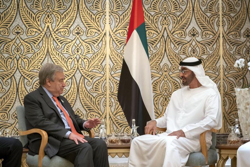 ABU DHABI, UNITED ARAB EMIRATES - June 30, 2019: HH Sheikh Mohamed bin Zayed Al Nahyan, Crown Prince of Abu Dhabi and Deputy Supreme Commander of the UAE Armed Forces (R) meets with HE Antonio Guterres, Secretary-General of the United Nations (L), at Emirates Palace.

( Mohamed Al Hammadi / Ministry of Presidential Affairs )
---