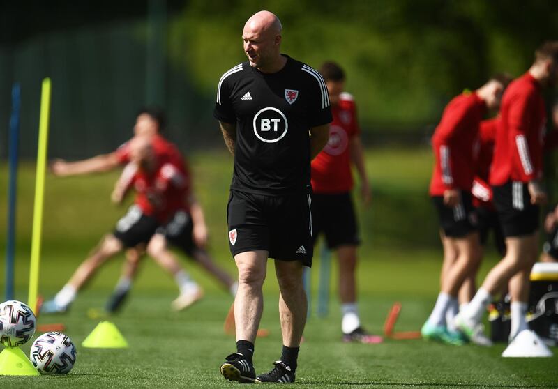 Wales interim manager Robert Page oversees training. Getty