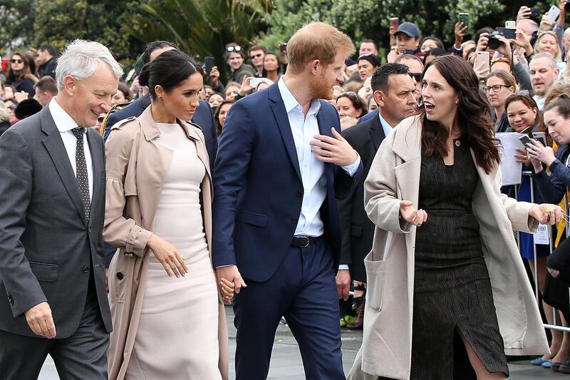 Prince Harry, Meghan, meet the public with Auckland mayor Phil Goff and New Zealand Prime Minister Jacinda Ardern in Auckland's Viaduct. Getty Images