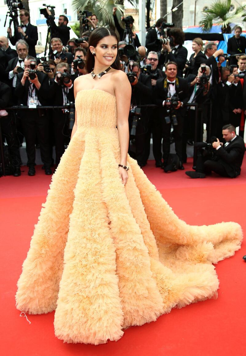 Sara Sampaio wears Georges Hobeika at the premiere of 'Once Upon a Time in Hollywood' at the Cannes Film Festival on May 21, 2019. AP