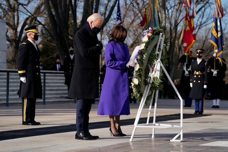 President Joe Biden and Vice President Kamala Harris participate in a wreath laying ceremony at the Tomb of the Unknown Soldier at Arlington National Cemetery. AP Photo