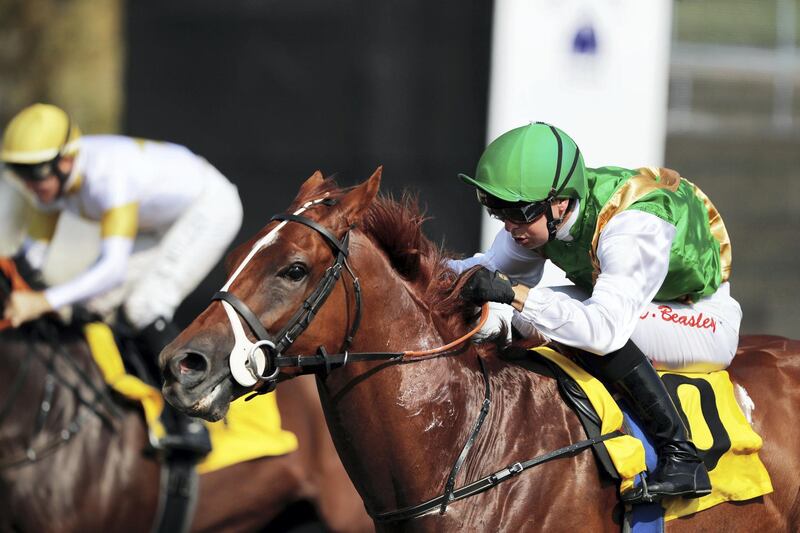 Dubai, United Arab Emirates - November 01, 2019: Talbec ridden by Connor Beasley wins the ASCANA race on the opening meeting at Jebel Ali racecourse. Friday the 1st of November 2019. Jebel Ali racecourse, Dubai. Chris Whiteoak / The National