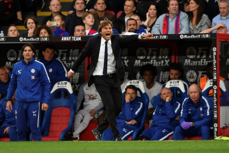 Soccer Football - Premier League - Crystal Palace vs Chelsea - Selhurst Park, London, Britain - October 14, 2017   Chelsea manager Antonio Conte reacts   Action Images via Reuters/Tony O'Brien    EDITORIAL USE ONLY. No use with unauthorized audio, video, data, fixture lists, club/league logos or "live" services. Online in-match use limited to 75 images, no video emulation. No use in betting, games or single club/league/player publications. Please contact your account representative for further details.
