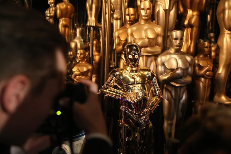 C-3PO poses backstage at the Oscars on Sunday, Feb. 28, 2016, at the Dolby Theatre in Los Angeles. Matt Sayles / Invision / AP