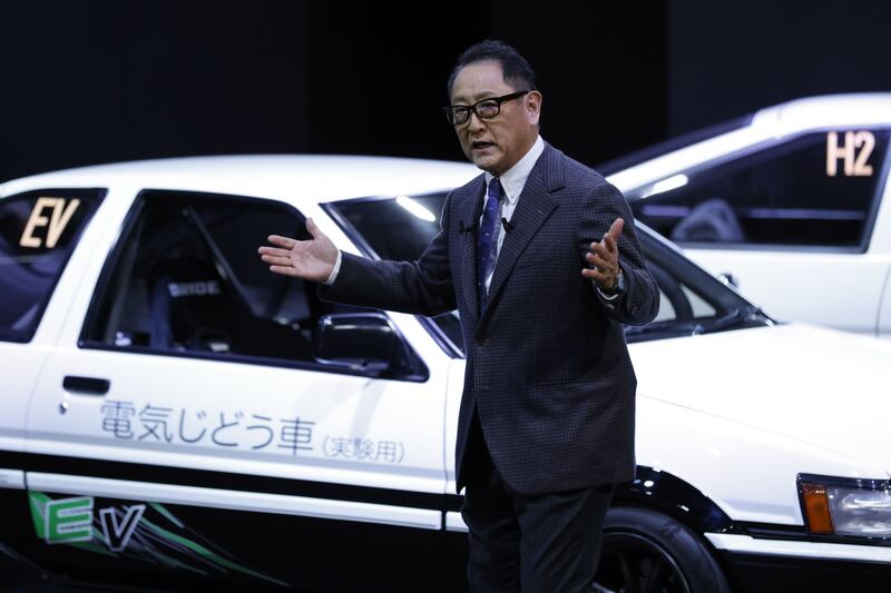 Akio Toyoda, president of Toyota, speaks at the Tokyo Auto Salon in Chiba, Japan. Bloomberg