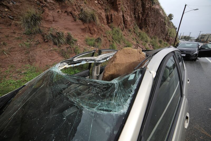 A boulder fell on a vehicle parked on the Pacific Coastal Highway in Malibu. Reuters