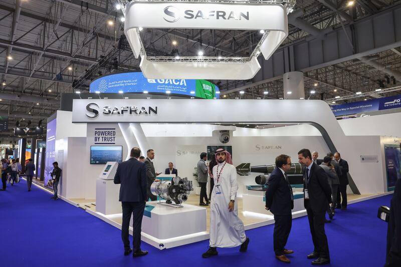 The Safran pavilion in the exhibition hall of the 2023 Dubai Airshow. Bloomberg