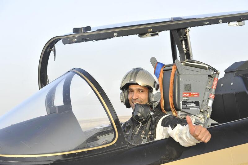 Lt Col Nasser Al Obaidli , leader of Al Fursan team who will take to the skies in the Al Ain Air Championship this month, gives the thumbs-up to his team’s chances. Courtesy Al Ain Air Championship