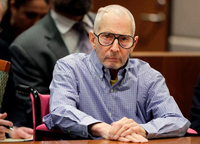 FILE - In this Dec. 21, 2016 file photo, Robert Durst sits in a courtroom in Los Angeles. Durst, the New York real estate heir who was the subject of a television documentary series, has been ordered to stand trial for the murder of his close friend in Los Angeles 18 years ago. A judge on Thursday, Oct. 25, 2018 ruled that there's enough evidence to try the 75-year-old multimillionaire for the shooting death of Susan Berman at her home in 2000. Durst has pleaded not guilty to murder. Preliminary proceedings had been continued multiple times over several months. (AP Photo/Jae C. Hong, Pool, File)
