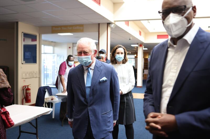 Prince Charles visits Jesus House church to see an NHS vaccine pop-up clinic in action in London. Getty Images