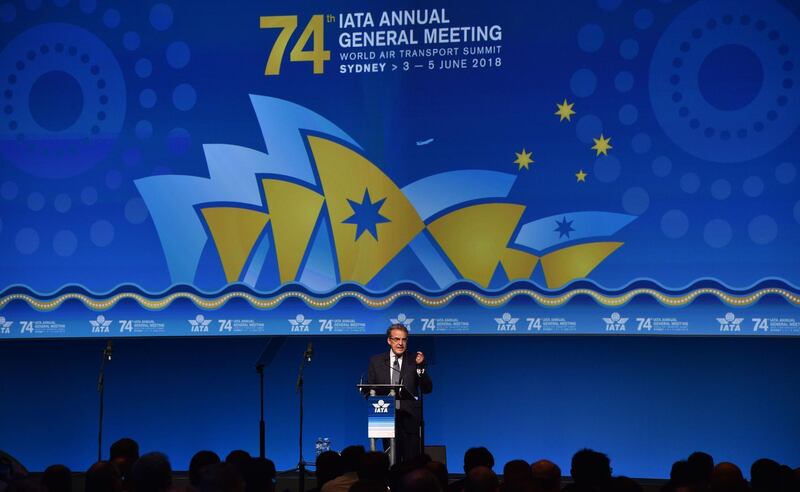 International Air Transport Association (IATA) chief executive Alexandre de Juniac speaks at the opening of the annual meeting of global airlines in Sydney on June 4, 2018. The spectre of trade wars and protectionism are key risk factors to airline profits already weakened by rising oil prices, the International Air Transport Association said. / AFP / PETER PARKS
