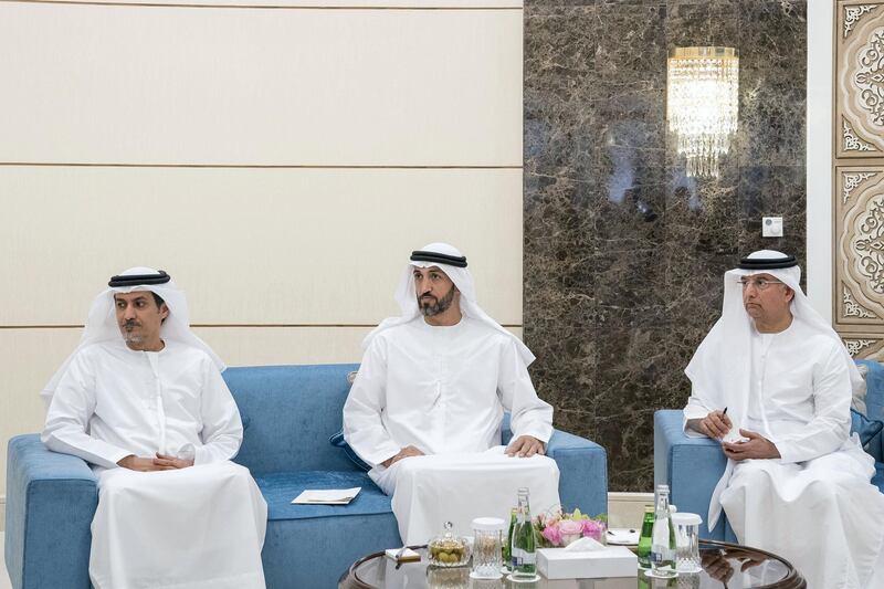 ABU DHABI, UNITED ARAB EMIRATES - July 27, 2019: HE Ali Mohamed Hammad Al Shamsi, Deputy Secretary-General of the UAE Supreme National Security Council (L), HE Mohamed Mubarak Al Mazrouei, Undersecretary of the Crown Prince Court of Abu Dhabi (C) and HE Ahmed Ali Mohammed Al Balushi, UAE Ambassador to Jordan (R), attend a meeting with HH Sheikh Mohamed bin Zayed Al Nahyan, Crown Prince of Abu Dhabi and Deputy Supreme Commander of the UAE Armed Forces (not shown) and HM King Abdullah II, King of Jordan (not shown).

( Rashed Al Mansoori / Ministry of Presidential Affairs )
---