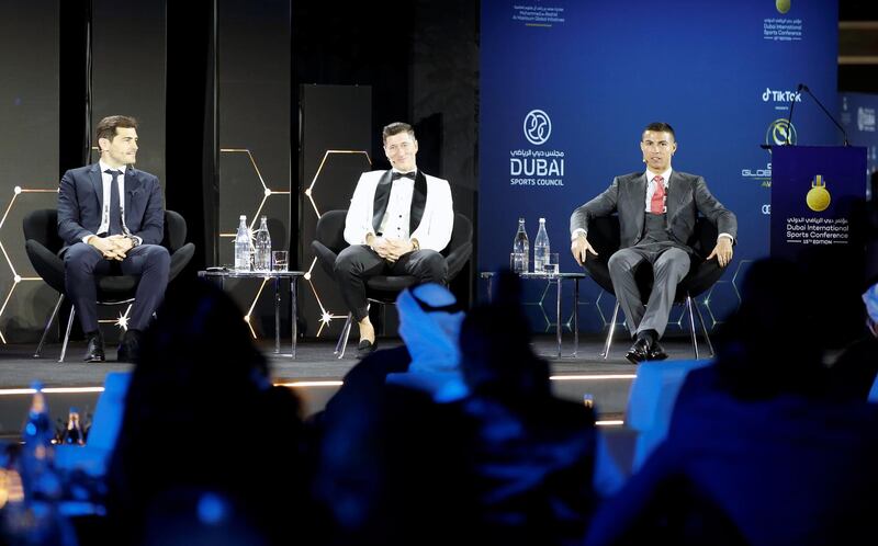 Left to right: Former Real Madrid goalkeeper Iker Casillas, Robert Lewandowski of Bayern Munich, and Juventus' Cristiano Ronaldo. EPA