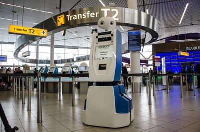 KLM has tested robot assistants at Schipol Airport in Amsterdam. In the future, airport assistants may be virtual. Courtesy KLM 