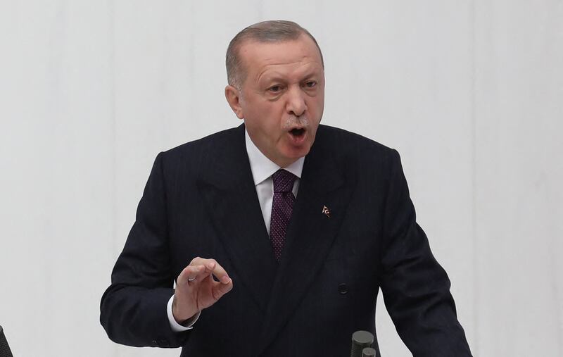 Turkish President Recep Tayyip Erdogan addresses the Parliament during the opening of new legislative year, at the Grand National Assembly of Turkey in Ankara, earlier this month. AFP