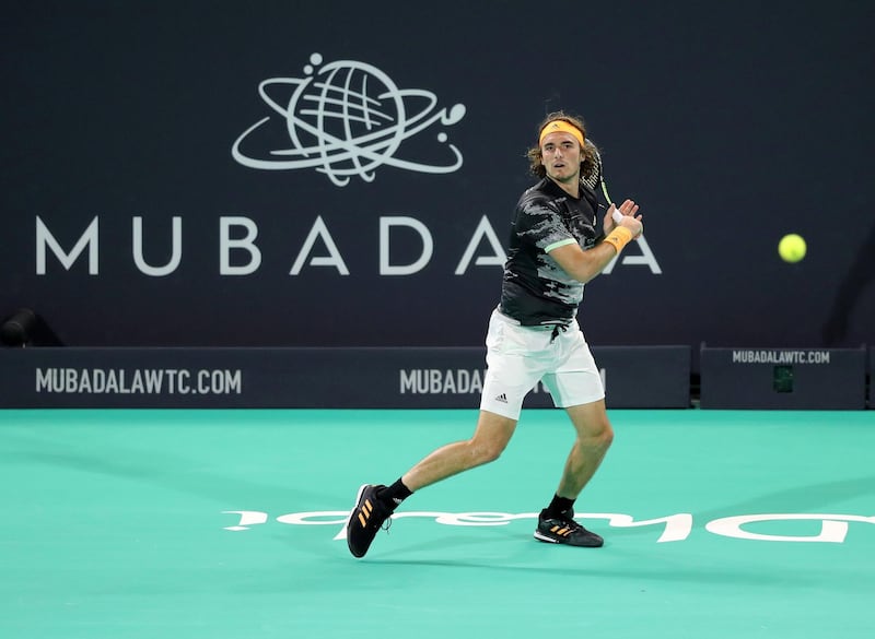 Abu Dhabi, United Arab Emirates - Reporter: Jon Turner: Stefanos Tsitsipas plays a shot during the final between Rafael Nadal v Stefanos Tsitsipas at the Mubadala World Tennis Championship. Saturday, December 21st, 2019. Zayed Sports City, Abu Dhabi. Chris Whiteoak / The National