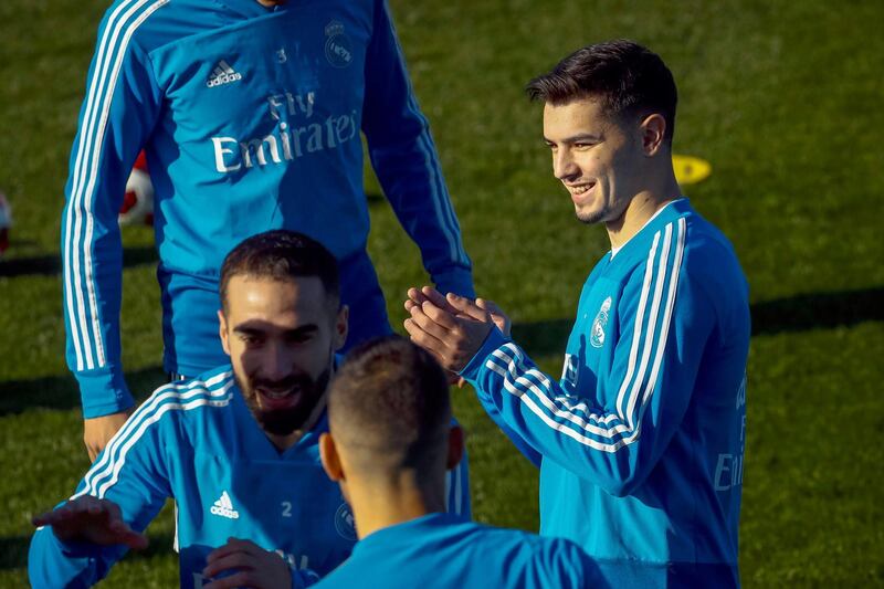 epa07269178 Real Madrid's new midfielder Brahim Diaz (R) attends his first training session with Real Madrid at the Valdebebas sports facilities in Madrid, Spain, 08 January 2019. Real Madrid will face Leganes in their Spanish King's Cup round of 16 soccer match on 09 January 2019.  EPA/EMILIO NARANJO