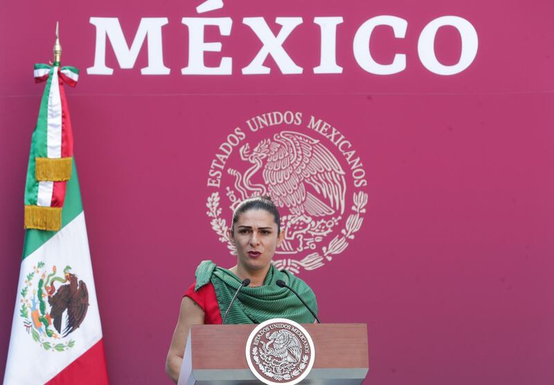 Mandatory Credit: Photo by Uncredited/AP/Shutterstock (10362171a)
In this handout photo provided by Mexico's Presidential Press Office, Ana Gabriela Guevara, director of the National Commission of Physical Culture and Sport, speaks during a ceremony honoring the athletes who will represent Mexico in Lima's Parapan American Games, in Mexico City
Daily Press Briefing, Mexico City, Mexico - 13 Aug 2019