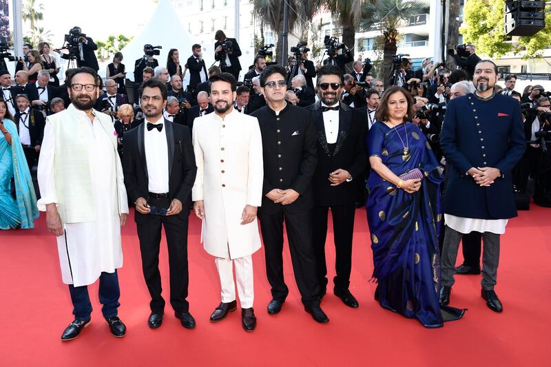 Director Shekhar Kapur, actor Nawazuddin Siddiqui, politician Anurag Thakur, lyricist and scriptwriter Prasoon Joshi, actor R Madhavan, politician Vani Tripathi and musician Ricky Kej at the opening ceremony of the Cannes Film Festival. Getty Images
