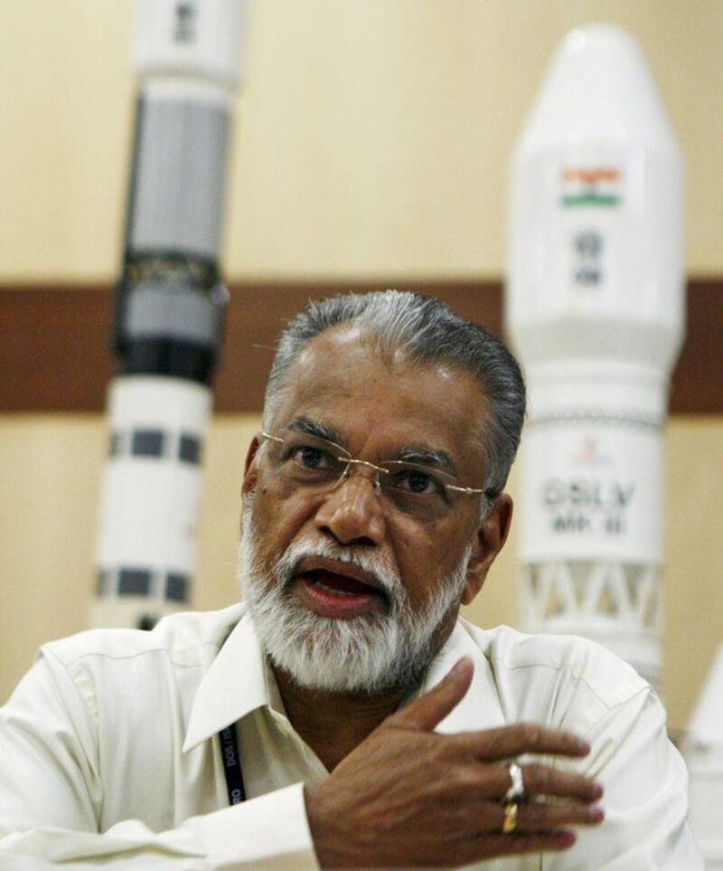Indian Space Research Organisation Chairman K. Radhakrishnan addresses the media about the Mars orbiter mission at the Satish Dhawan Space Center at Sriharikota, India, on October 30, 2013.  Photo: AP 