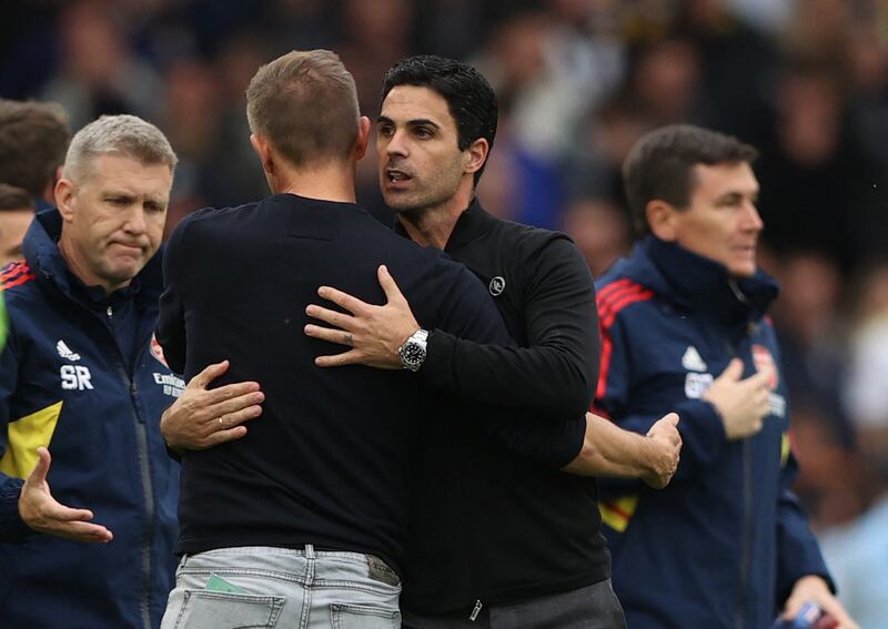 Leeds manager Jesse Marsch and Arsenal's Mikel Arteta after the match. Action Images