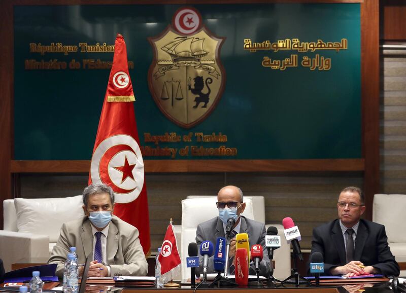 Tunisian Minister of Education Mohamed Hamdi speaks at press conference in Tunis.  EPA