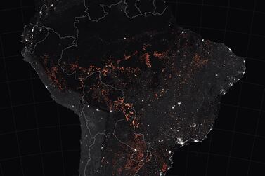 Photo taken by Nasa Earth Observatory showing active fire detections in Brazil, observed by satellites. Nasa earth Observatory via EPA