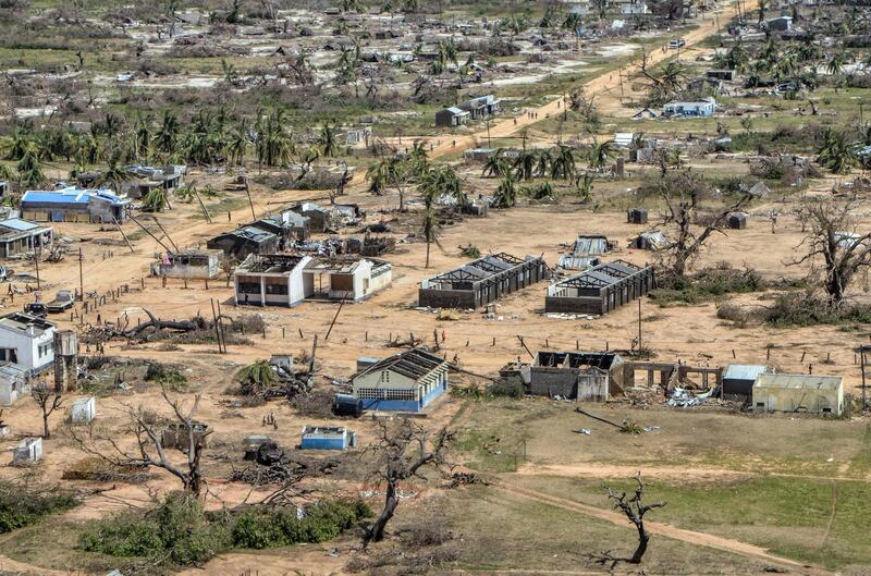 (FILES) This file photo taken on May 1, 2019 shows an aerial view of the damaged Ibo island after the passage of the cyclone Kenneth, the first to hit Mozambique's north in the modern era. Islamist insurgents have resumed attacks in northern Mozambique after a cyclone last month, killing nearly two dozen villagers and torching homes in a mounting political threat in the run-up to a general election. A shadowy jihadist group that has targeted Cabo Delgado province since October 2017 briefly halted attacks after Cyclone Kenneth made landfall on April 25, leaving 45 dead and 250,000 affected. / AFP / Emidio Jozine
