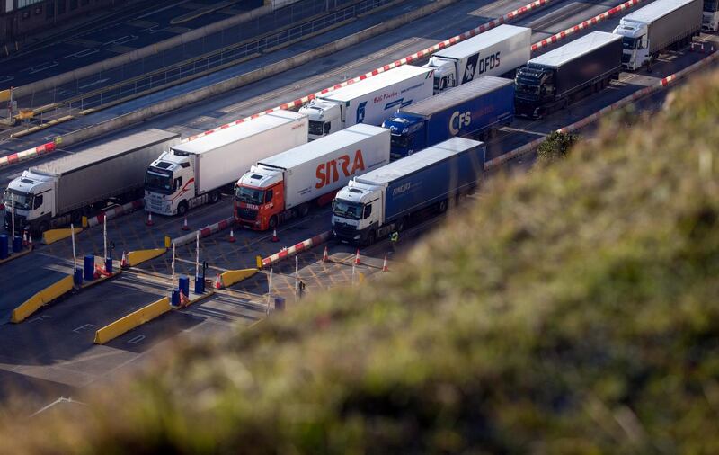Trucks in a queue at the Port of Dover. On the day the UK makes its final break with the European Union, the ports are clear of truck backups. Bloomberg