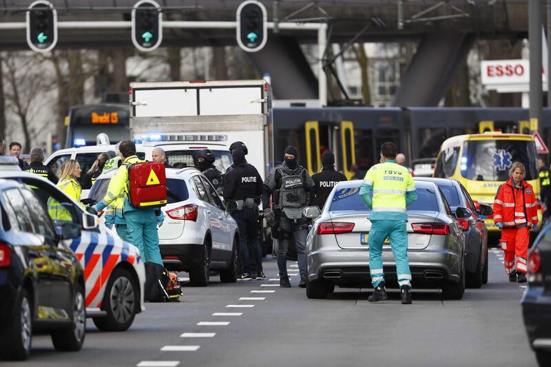 Emergency services at the scene where a shooting took place in Utrecht, the Netherlands. EPA
