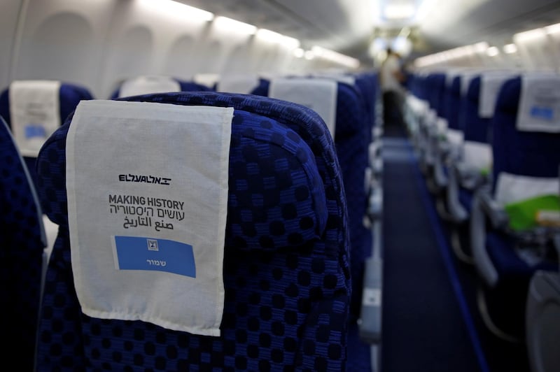 A seat covering says 'Making History' in Arabic, English and Hebrew. Reuters