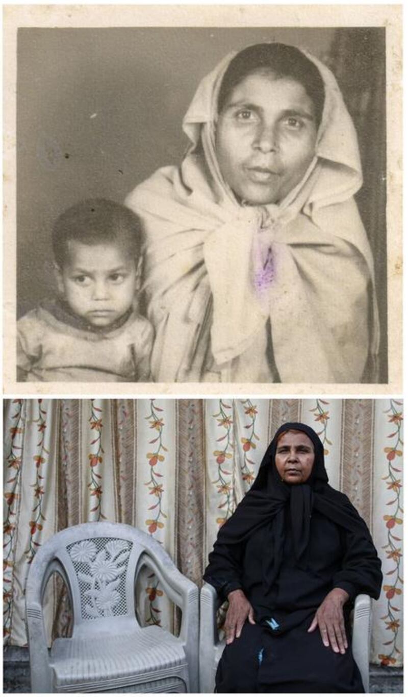 A combination picture shows Bhoori Bi (R) with her daughter Chandni in an undated family photograph, top, and, bottom, Bhoori Bi alone in Bhopal. Bi said that Chandni died as a result of gas poisoning after the 1984 Bhopal disaster.