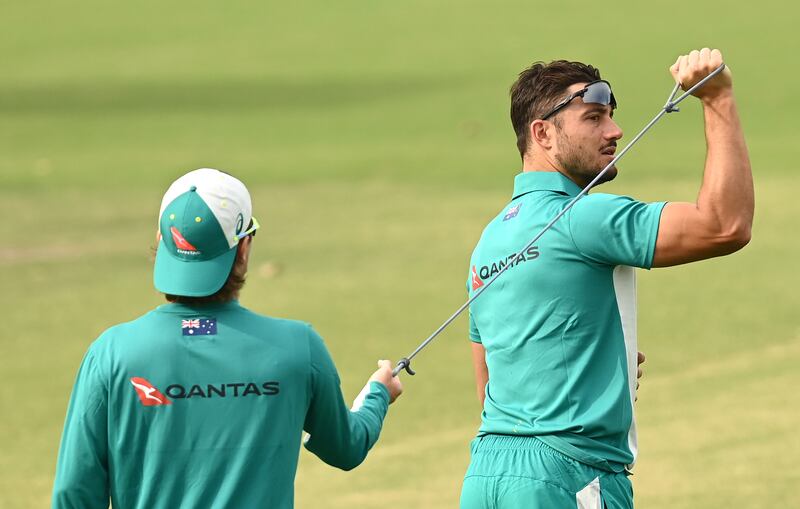 Marcus Stoinis warms up during Australia's training session on Wednesday. Getty