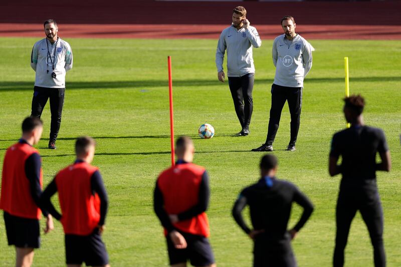 England manager Gareth Southgate, back right, overseas training.Reuters