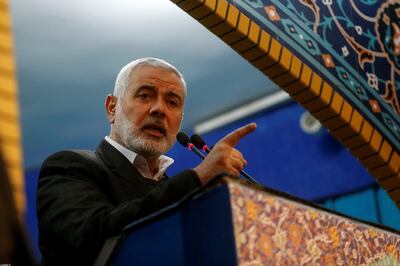 Hamas leader Ismail Haniyeh speaks during the funeral prayer over the coffins of Iranian Major-General Qassem Soleimani, head of the elite Quds Force, and Iraqi militia commander Abu Mahdi al-Muhandis, who were killed in an air strike at Baghdad airport, in Tehran, Iran January 6, 2020. Official Khamenei website/Handout via REUTERS ATTENTION EDITORS - THIS IMAGE WAS PROVIDED BY A THIRD PARTY. NO RESALES. NO ARCHIVES