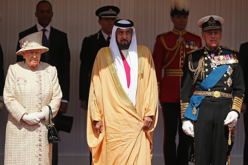 Queen Elizabeth II with the President of the United Arab Emirates, Sheikh Khalifa bin Zayed Al Nahyan,centre, and Prince Phillip on the Royal Dais in Windsor, as he begins a State Visit to the UK Tuesday April 30, 2013. (AP Photo/Dan Kitwood, Pool) *** Local Caption ***  Britain Royals UAE.JPEG-074f3.jpg