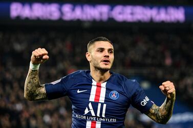 (FILES) In this file photo taken on October 27, 2019 Paris Saint-Germain's Argentine forward Mauro Icardi celebrates after scoring his team's second goal during the French L1 football match between Paris Saint-Germain (PSG) and Olympique de Marseille (OM) at the Parc des Princes stadium in Paris. Mauro Icardi remains in Paris. The Argentine striker, on loan since the start of the 2019-20 season from Inter Milan, has signed a 4-year contract until 2024 with the Parisian club, Paris Saint-Germain announced on May 31, 2020. / AFP / Martin BUREAU