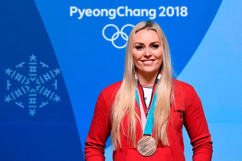 USA's bronze medallist Lindsey Vonn holds a press conference during the Pyeongchang 2018 Winter Olympic Games on February 23, 2018 in Pyeongchang.   / AFP PHOTO / Florian CHOBLET