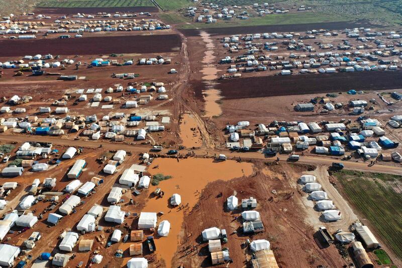 The flooded Mukhayyam Al Khair camp near the village of Kafr Uruq in the north of Idlib province. AFP