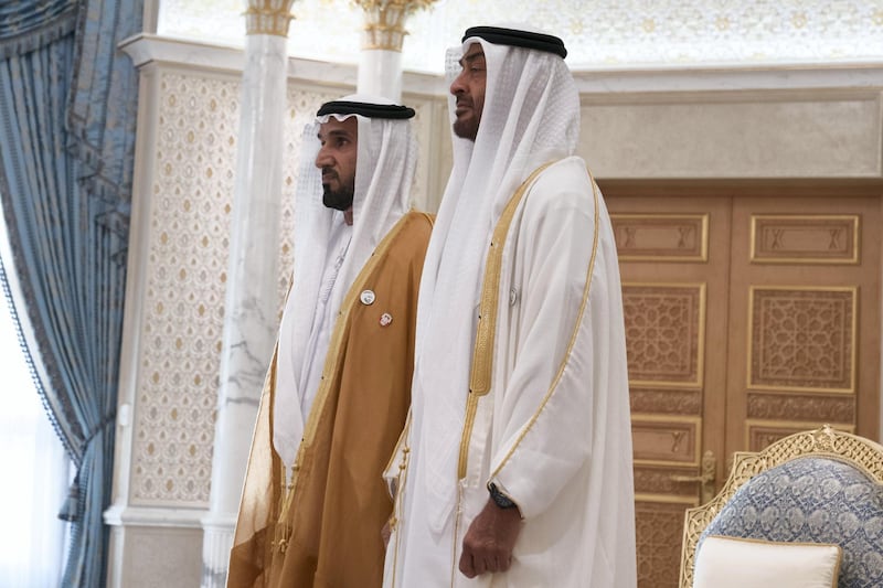 ABU DHABI, UNITED ARAB EMIRATES - March 10, 2019: HH Sheikh Mohamed bin Zayed Al Nahyan, Crown Prince of Abu Dhabi and Deputy Supreme Commander of the UAE Armed Forces (R) and HE Major General Faris Khalaf Al Mazrouei, Commander-in-Chief of Abu Dhabi Police and Abu Dhabi Executive Council Member (L), stand for a photograph during the swearing-in ceremony for new members of the Abu Dhabi Executive Council, at the Presidential Palace.

( Mohamed Al Hammadi / Ministry of Presidential Affairs )
---